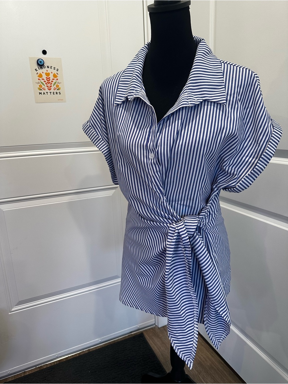 SHEIN Blue and White Striped Button Down Tie-Waist Shirt